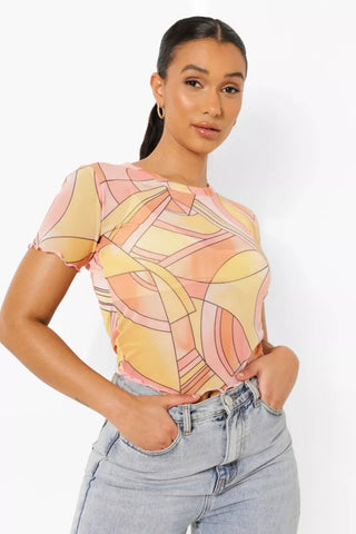 Boohoo Abstract Floral Printed Mesh Short Sleeve Womens Top - Stockpoint Apparel Outlet