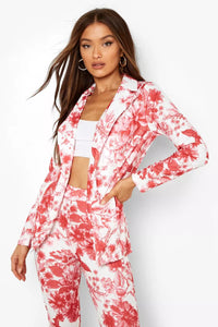 Boohoo Porcelain Red Print Fitted Womens Blazer - Stockpoint Apparel Outlet