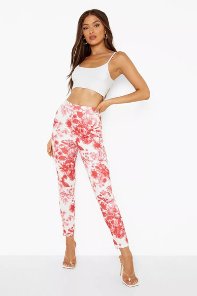 Boohoo Porcelain Red Print Skinny Ladies Trousers - Stockpoint Apparel Outlet