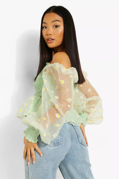 Boohoo Petite Daisy Organza Shirred Mint Peplum Ladies Top - Stockpoint Apparel Outlet