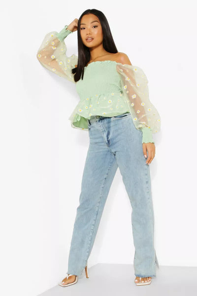 Boohoo Petite Daisy Organza Shirred Mint Peplum Ladies Top - Stockpoint Apparel Outlet