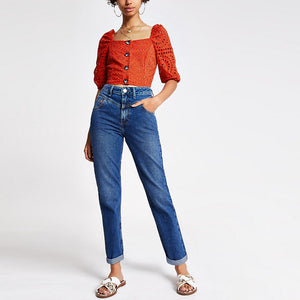 River Island Red Broderie Puff Sleeve Womens Crop Top - Stockpoint Apparel Outlet