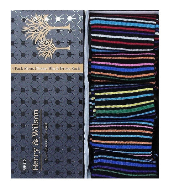 Berry & Wilson Mens 5 Pairs Multi Colour Striped Cotton Socks Gift Box Set - Stockpoint Apparel Outlet