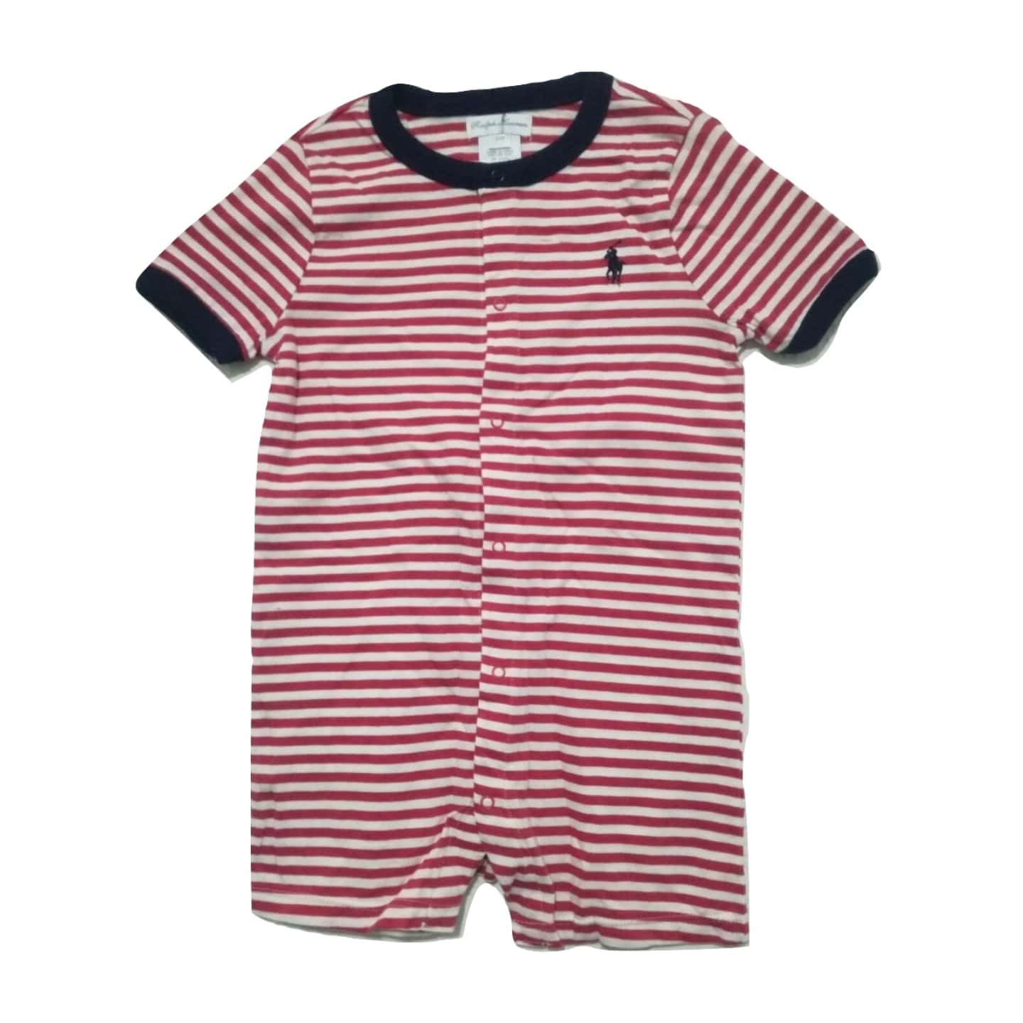 Polo by  Ralph Lauren  Navy Round Neck Red and White Striped Romper - Stockpoint Apparel Outlet