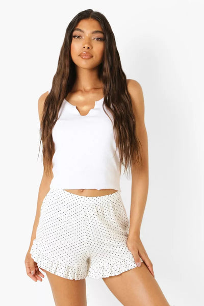 Boohoo Tall White Polka Dot Ruffle Hem Flippy Ladies Shorts - Stockpoint Apparel Outlet