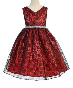 Ellie Kids Red Rhinestone Accent Lace Overlay Younger Girls Dress - Stockpoint Apparel Outlet