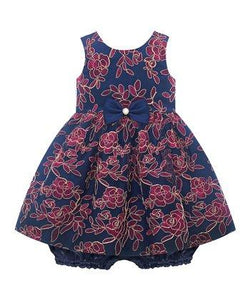 American Princess Bow Accent Navy & Red Floral Younger Girls Dress - Stockpoint Apparel Outlet
