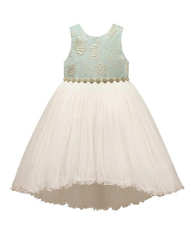 Couture Princess Green Gold Jacquard Hi-Low Netting Top Younger Girls Dress - Stockpoint Apparel Outlet